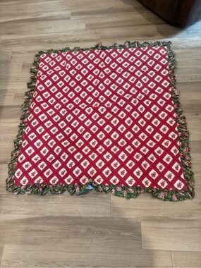 SweetHoney Red and White Quilted Throw with Green Floral Ruffle